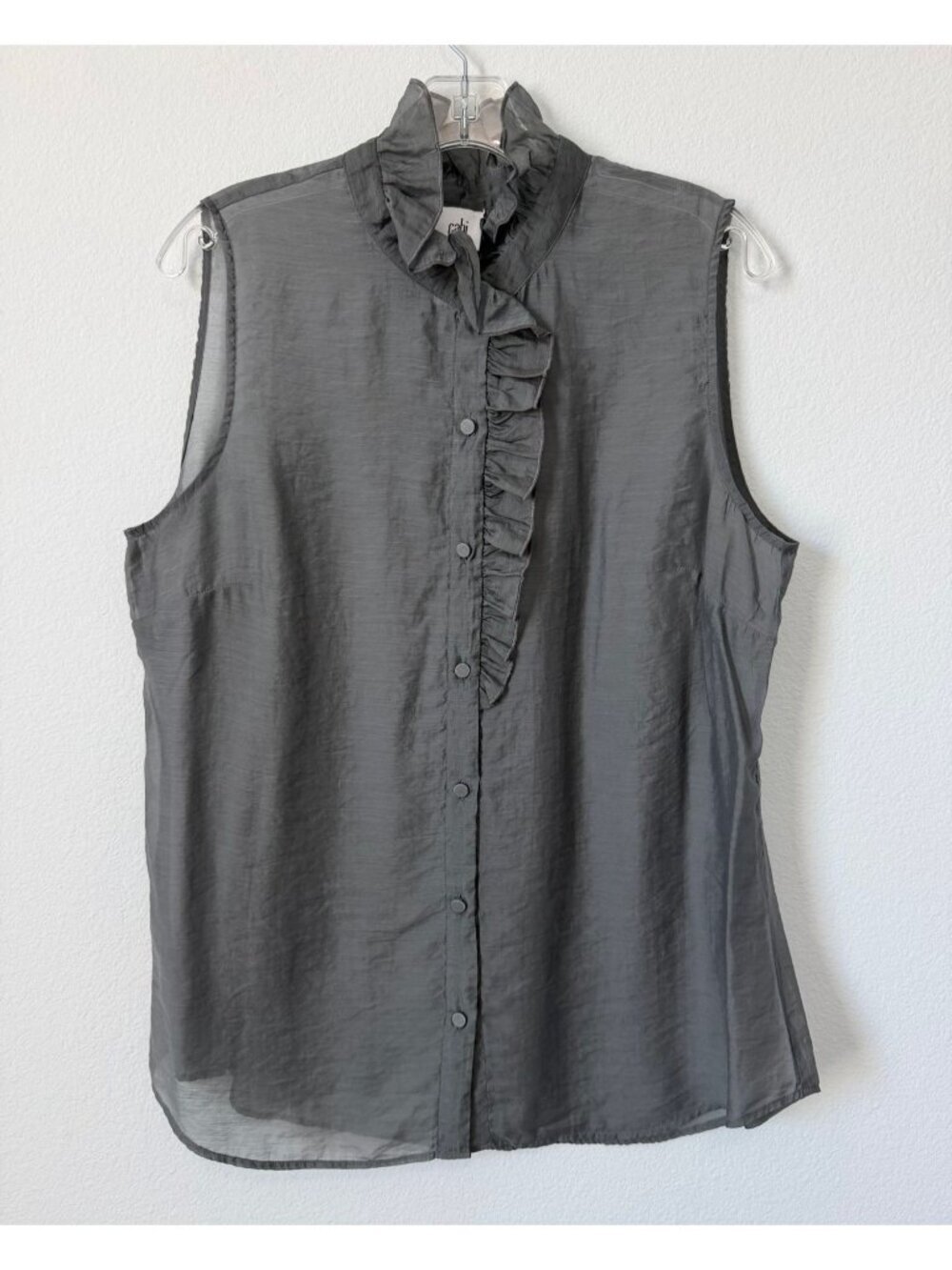 CAbi Sleeveless Ruffled Button Up Gray Sheer Blouse Women's Size L